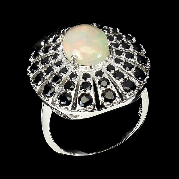 Unheated Oval Fire Opal 10x8mm Black Spinel 925 Sterling Silver Ring SZ 7.25 - Picture 5 of 9